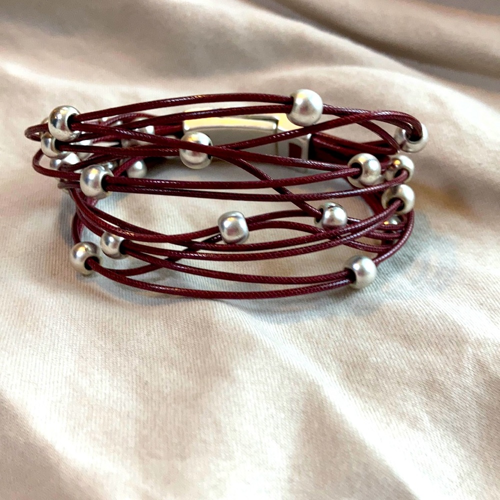 Maroon leather and silver bracelet
